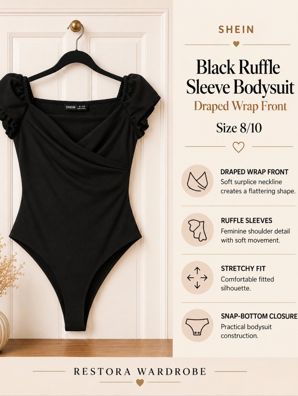 SHEIN Black Ruffle Sleeve Wrap Bodysuit Going Out Top Size 8/10